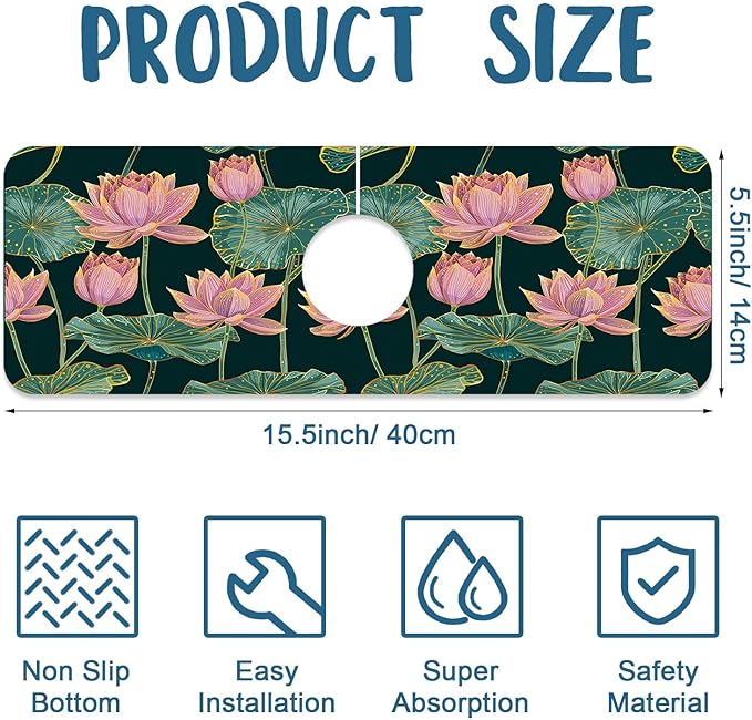 Lotus Pond Pattern Sink Splash Guard Faucet Mat Lotus Flowers Leaves Super - Image 2