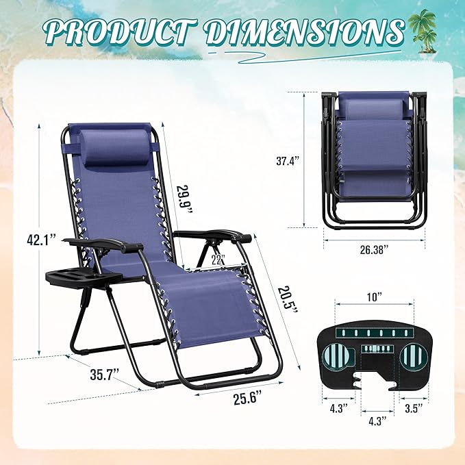 Homall Zero Gravity Chair Patio Folding Lawn Outdoor Lounge Gravity Camp Reclining Lounge Chair with Cup Holder Pillows for Poolside Backyard and Beach Set of 2 (Blue) - Image 3