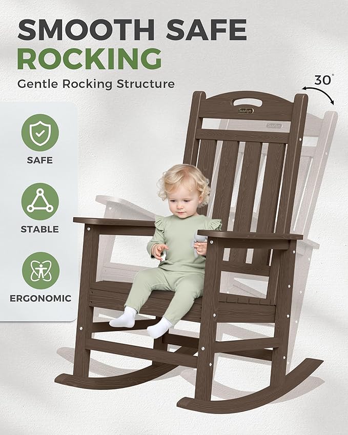 Oversized Outdoor Rocking Chair, HDPE All Weather Resistant Rocking Chairs for Patio, High Back Porch Rocker Chair, 380lbs Weight Capacity, Brown - Image 4