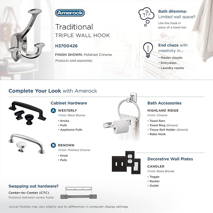 Amerock H3700426 | Vicinity Triple Prong Decorative Wall Hook | Polished Chrome - Image 6