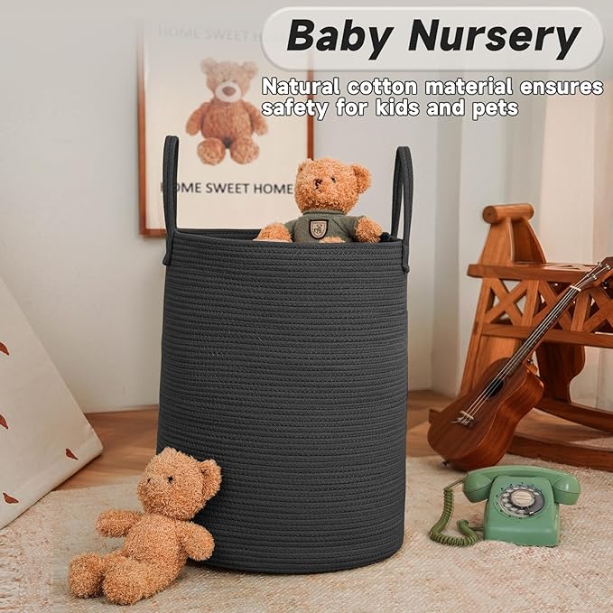 Large Woven Laundry Basket Hamper, 60L Cotton Rope Storage Bin - Image 2