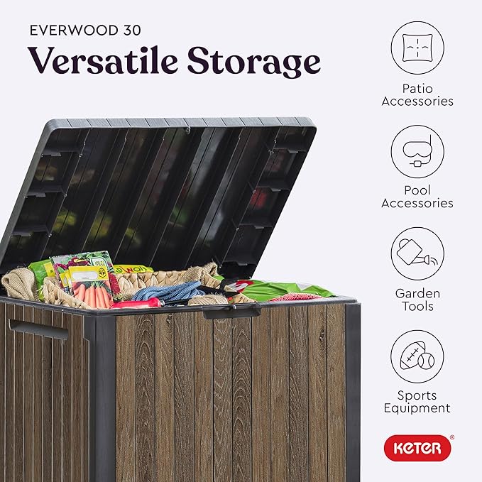 Keter Signature Everwood 30 Gallon Resin Deck Box for Outdoor Storage – Weather‑Resistant Balcony & Patio Box for Cushions, Throw Pillows & Garden Tools, Walnut - Image 5