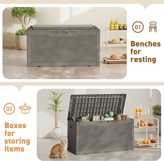 Greesum 100 Gallon Resin Deck Box Large Outdoor Storage Boxes with Cushions for Garden Tools, Patio Furniture Pillows, Pool Supplies, Light Coffee - Image 6