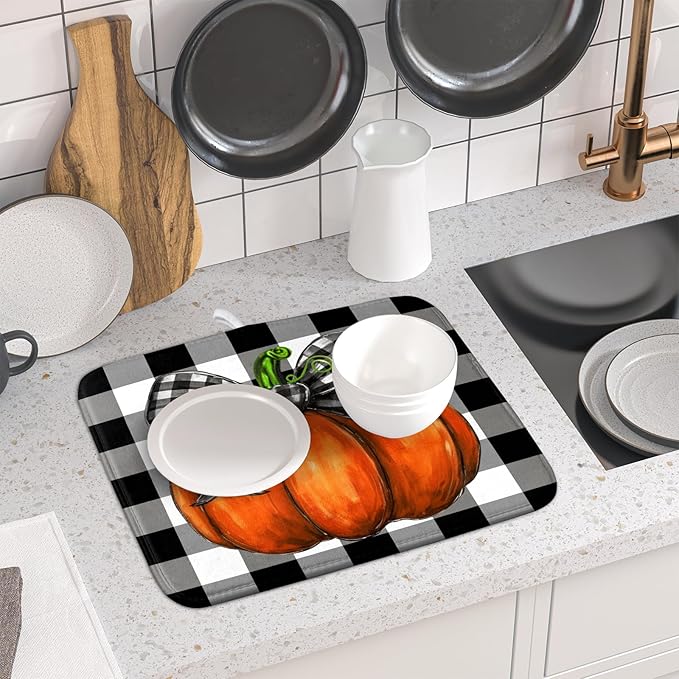 Fall Pumpkin Dish Drying Mat for Kitchen Counter Black White Buffalo Check - Image 6