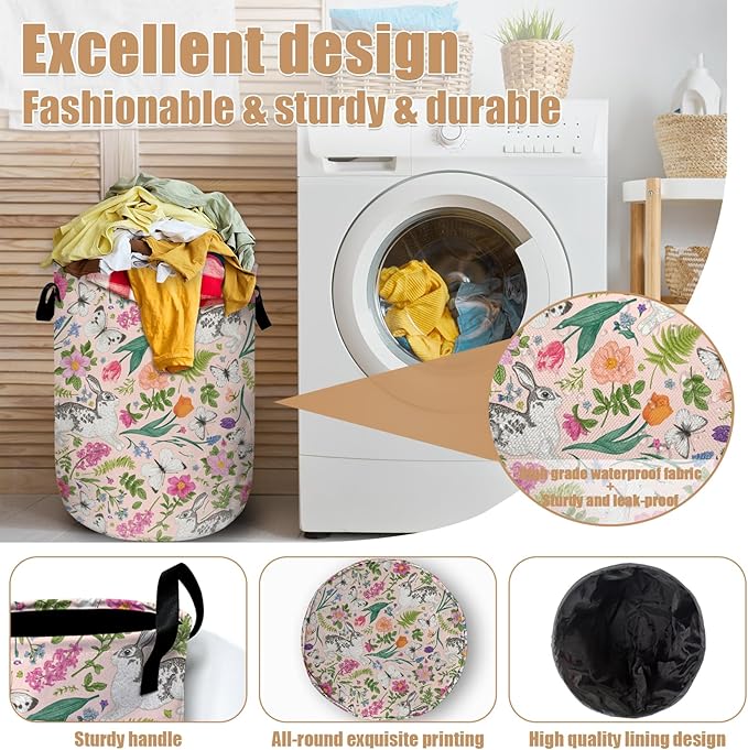Bunny Rabbit Laundry Basket, Foldable Rabbit Flower Laundry Hamper Tote Bag - Image 4