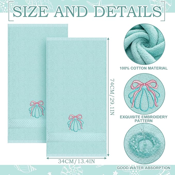 2 Pcs Shell Hand Towels Mint Blue Bathroom Decor 14x29 Inch Embroidered 100% - Image 3