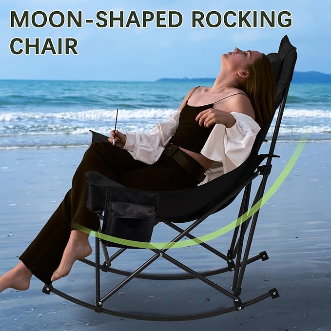 Oversized Rocking Camping Chair with Headrest & Cup Holder - 400lbs Capacity, 600D Oxford Fabric, Easy Fold Portable Outdoor Rocker Chair for Camping, Backyard, Beach, Deep Gray - Image 6