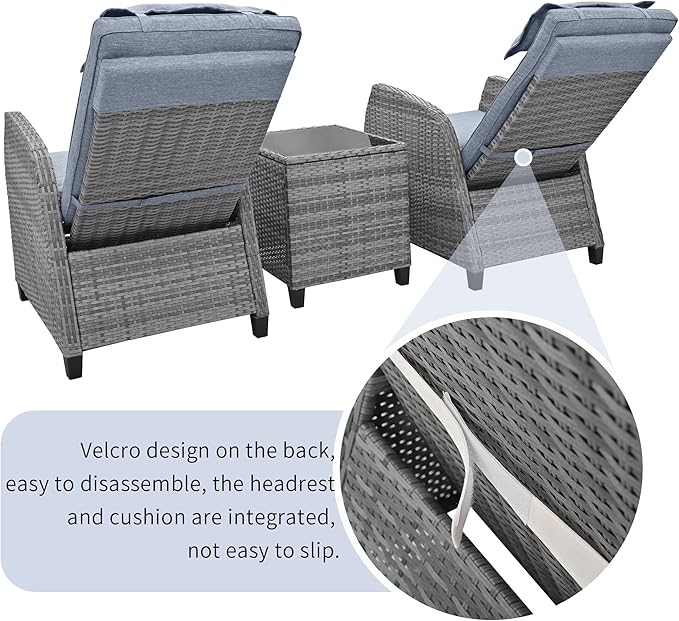 Outdoor Recliners Chair Set of 2 for Patio with Wicker Coffee Table, Comfort Cushion, Adjustable Angle Weatherproof Reclining Chairs for Courtyard, Swimming Pool, Balcony (Grey) - Image 5