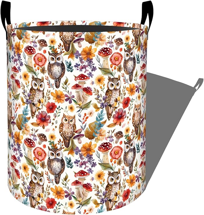 Charming Owl with Mushroom and Floral Laundry Basket with Handles, 19.7"x15.7" by Ti+Caldi