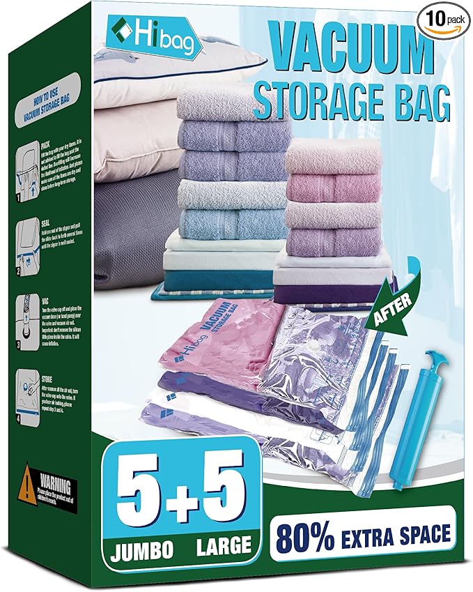 HIBAG Vacuum Storage Bags, 10 Space Saver Bags, Polyethylene, Jumbo & Large by HIBAG