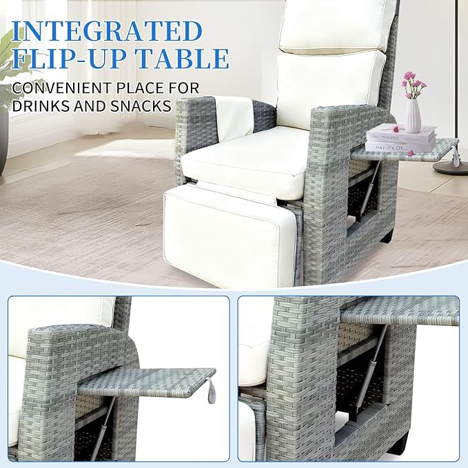 Outdoor Wicker Recliner Chair, 145° Patio Lounge Chair with 4" Cushion, Adjustable Backrest & Footrest, Flip-up Table & Side Pocket for Backyard, Deck, Balcony, Terrace, Poolside - Image 4