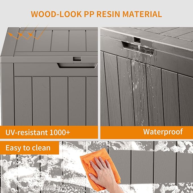 ROJIK Outdoor Storage Housing Deck Box - Waterproof Patio Furniture, Garden Tools, Cushions, Pool Accessories Storage Bench with Lockable Lid and Side Handles (Grey) - Image 6