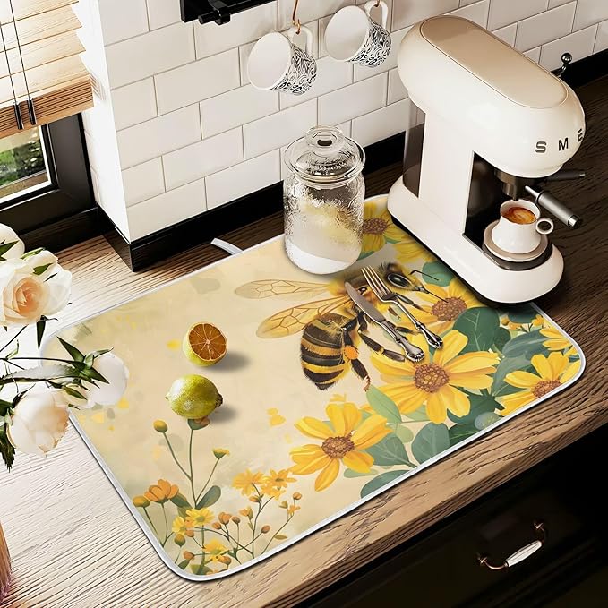 Honey Bee Dish Drying Mat for Kitchen Counter Absorbent Microfiber Small Drying - Image 8