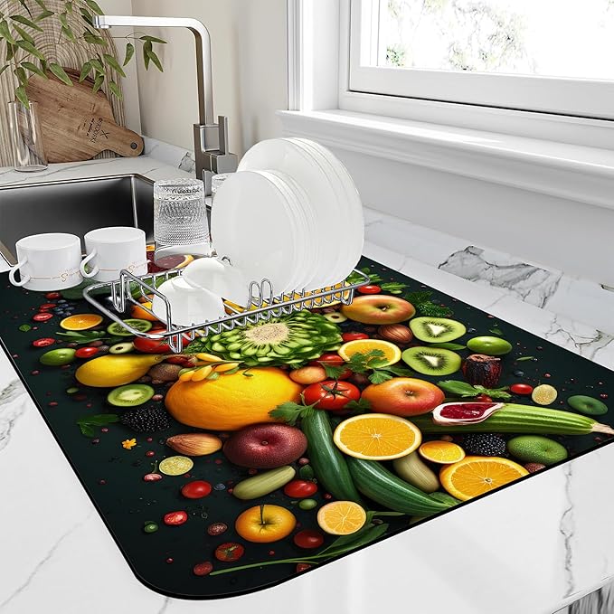 Kitchen Mat Fruits Vegetables Dish Drying Mat 16"x24" Bsorbent Coffee Maker Mat by Unknown