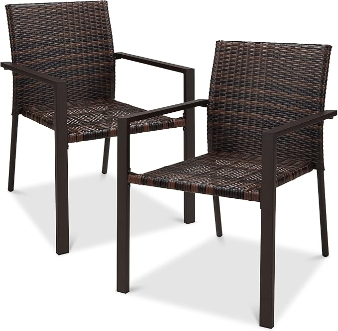 Best Choice Products Set of 2 Stackable Outdoor Wicker Dining Chairs All-Weather Firepit Armchair w/Armrests, Steel Frame for Patio, Deck, Garden, Yard - Brown by BestChoiceProducts