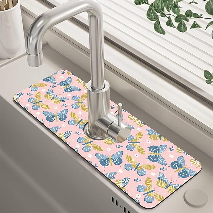 Butterflies and Chamomile Kitchen Sink Splash Guard Faucet Mat Super Absorbent by Unknown