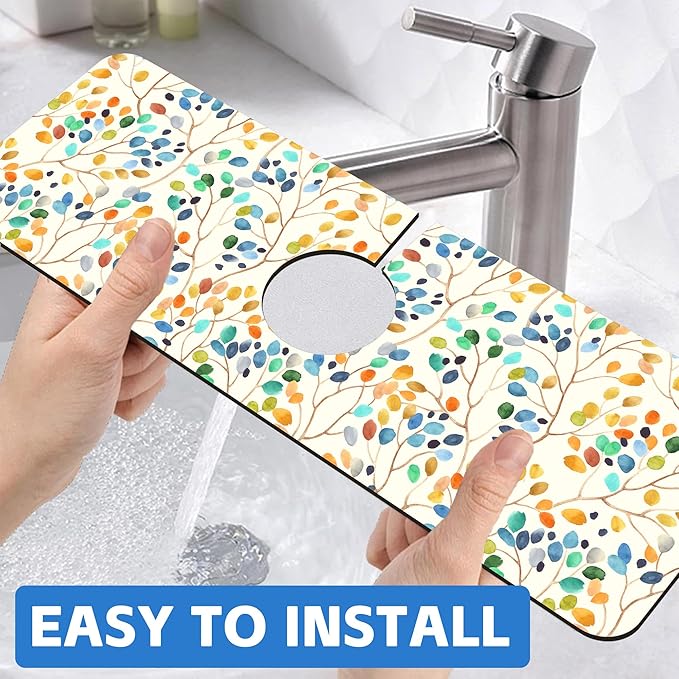 Abstract Watercolor Leaves Sink Faucet Absorbing Mat Sink Splash Guard Faucet - Image 6
