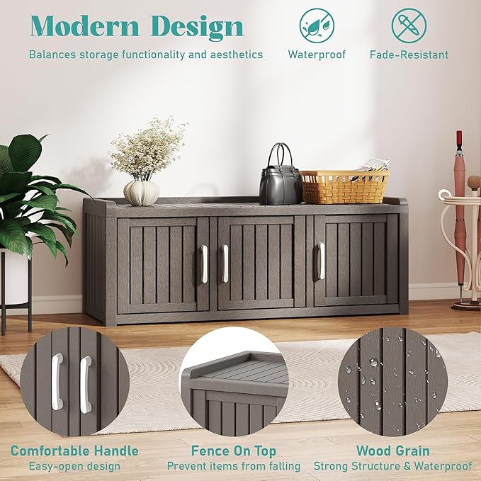 2-Tier Storage Bench, Waterproof UV-Resistant Outdoor Shoe Storage Cabinet with 3 Doors & Adjustable Shelves for Indoor Outdoor Entryway, Hallway, Living Room (Grey) - Image 4