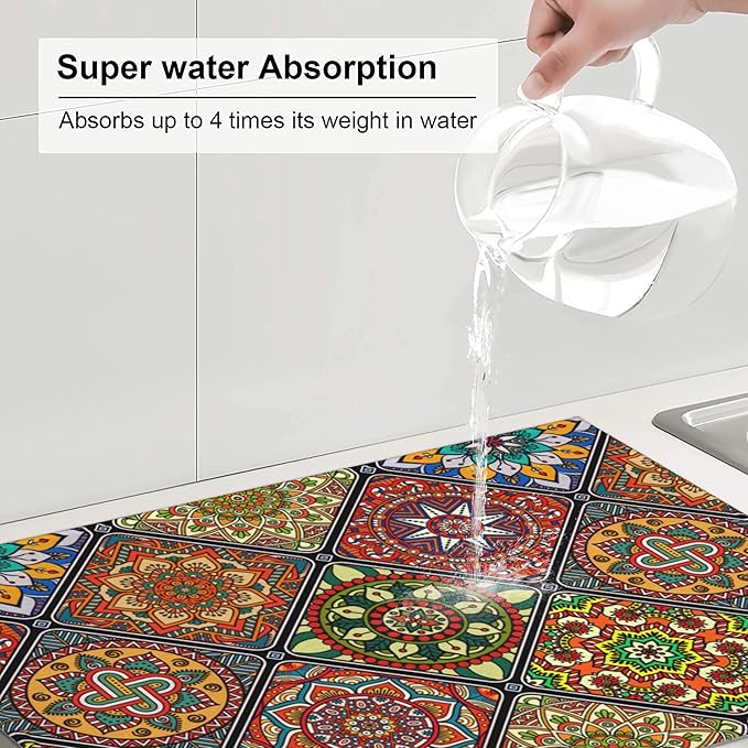 Retro Dish Drying Mat for Kitchen Counter Mandala Colorful Dish Drainer Rack - Image 6