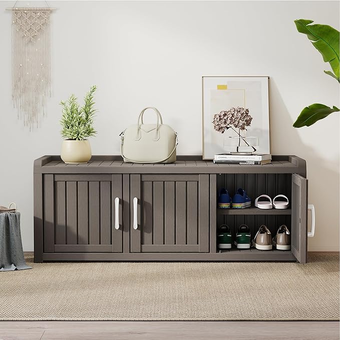 2-Tier Storage Bench, Waterproof UV-Resistant Outdoor Shoe Storage Cabinet with 3 Doors & Adjustable Shelves for Indoor Outdoor Entryway, Hallway, Living Room (Grey) - Image 6