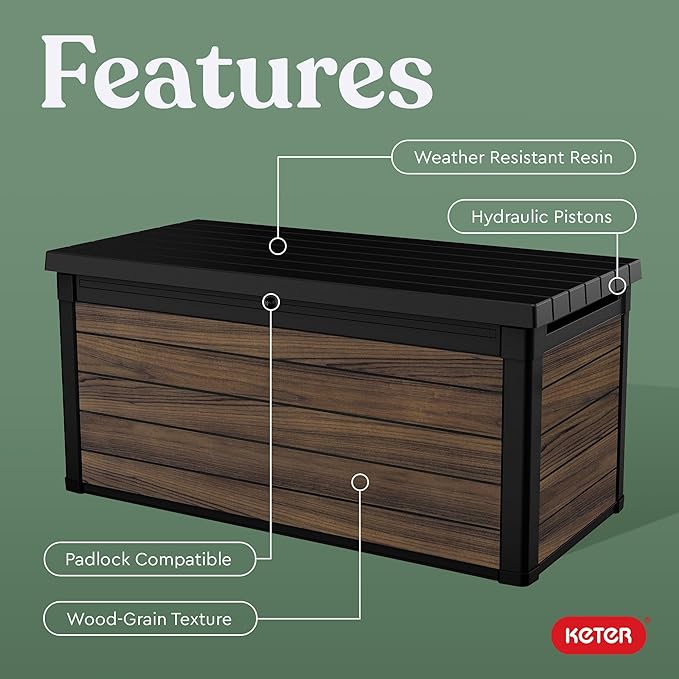 Keter Signature Collection 150 Gallon Resin Deck Box Organization and Storage for Patio Outdoor Cushions, Throw Pillows, Garden Tools and Pool Supplies, Rosewood - Image 5