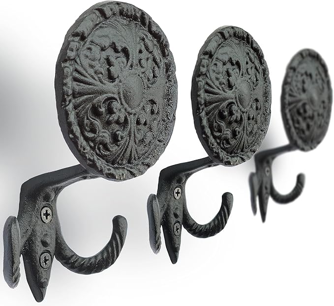 Ambipolar 3-Pack Fleur de lis Plate Style Coat Hooks, Vintage Black Hooks - Image 4