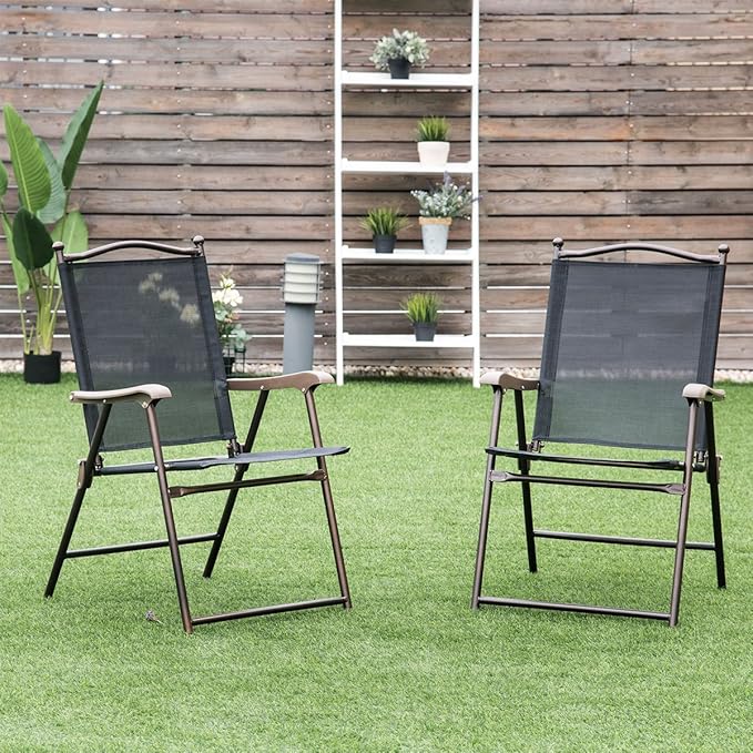 Giantex Set of 2 Patio Folding Chairs, Outdoor Patio Dining Chairs w/Armrest, Sling Back, Metal Frame, Outside Use for Lawn Camping Garden Pool Beach Yard Lounge, No Assembly, Black - Image 2