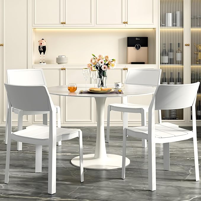 VECELO 4 Pack Stackable Dining Chairs, Plastic Patio Chairs for Indoor Outdoor Use in Kitchen, Poolside, No Assembly, Matte White by VECELO