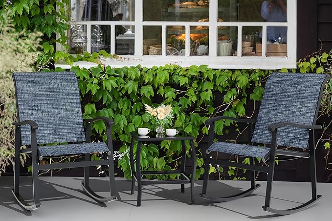 Vongrasig 3 Piece Outdoor Rocking Bistro Set, Textilene Fabric Small Patio Furniture Set, Front Porch Rocker Chairs Conversation Set with Glass Table for Lawn, Garden, Balcony, Poolside (Denim Blue) - Image 8