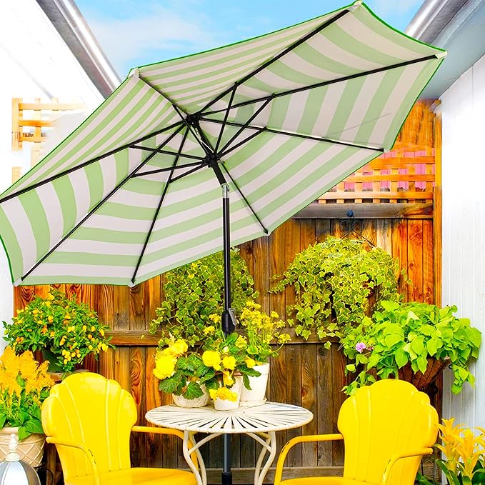 Sunnyglade 9' Patio Umbrella Outdoor Table Umbrella with 8 Sturdy Ribs (Grass Green and White) - Image 6