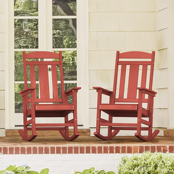 LUE BONA Outdoor Rocking Chairs Set of 2, HDPS Porch Rocker with High Back, Plastic Weather Resistant Rocking Chairs for Outdoor Indoor, Garden, Backyard, 350lb, Bright Red - Image 3