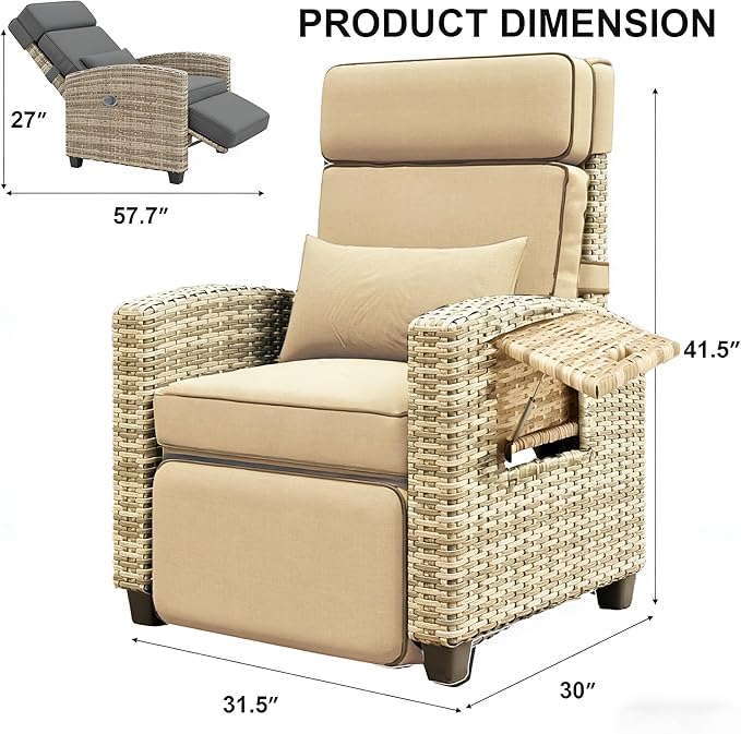 Towallmark Adjustable Rattan Recliner Chair, Patio Lounge Chairs with Cushion, Outdoor Porch Chaise with Flip Up Side Table & Footrest for Porch, Outside Balcony, Deck - Image 3
