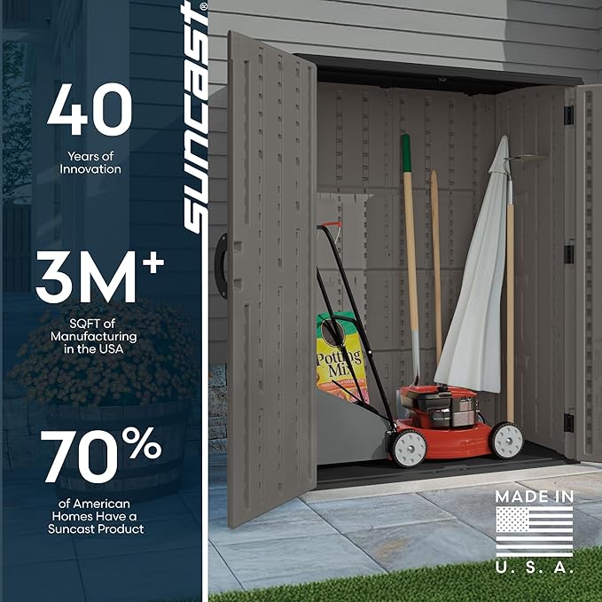 Suncast Outdoor Storage Cabinet Waterproof Resin Vertical Outdoor Storage Shed (54 cu. ft.) for Patio, Garden Tools, Cushions, & Equipment. Weatherproof Plastic Multi-Wall Design, Capacity Made in USA - Image 10