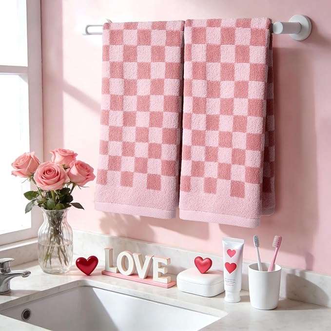 Jacquotha Soft Cotton Hand Towels in Pink Checkered - Image 8