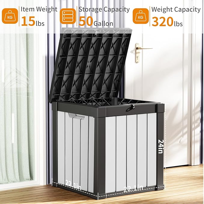 EasyUp 50 Gallon Outdoor Storage Box, Resin Waterproof UV-Resistant Deck Box, Reinforced Stability for Patio, Garden, and Poolside, Striped Black & White - Image 2