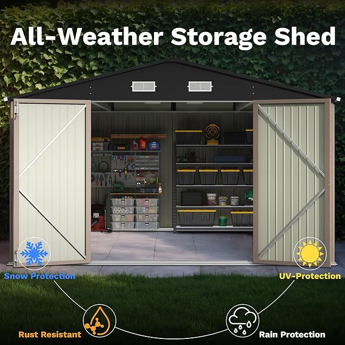 Patiowell 10x14 FT Outdoor Storage Shed, Large Metal Garden Shed with Lockable Door and Sloping Roof, Outside Steel Utility Tool Sheds for Backyard Lawn Garden Patio, Brown - Image 7