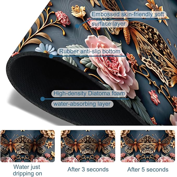 Gold Butterfly Kitchen Sink Splash Guard Faucet Mat Pink Floral Super Absorbent - Image 3
