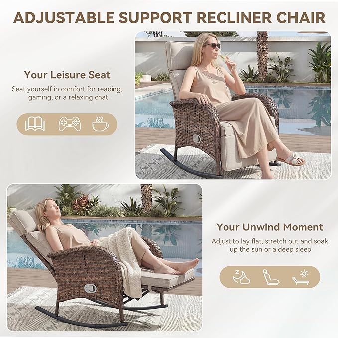 Zero Gravity Patio Rocking Wicker Recliner Chair - Wicker Outdoor Lounge Chair with Adjustable Backrest & Footrest, All Weather Reclining Rocker Chairs with Thick Cushion for Pool Deck Beige - Image 5