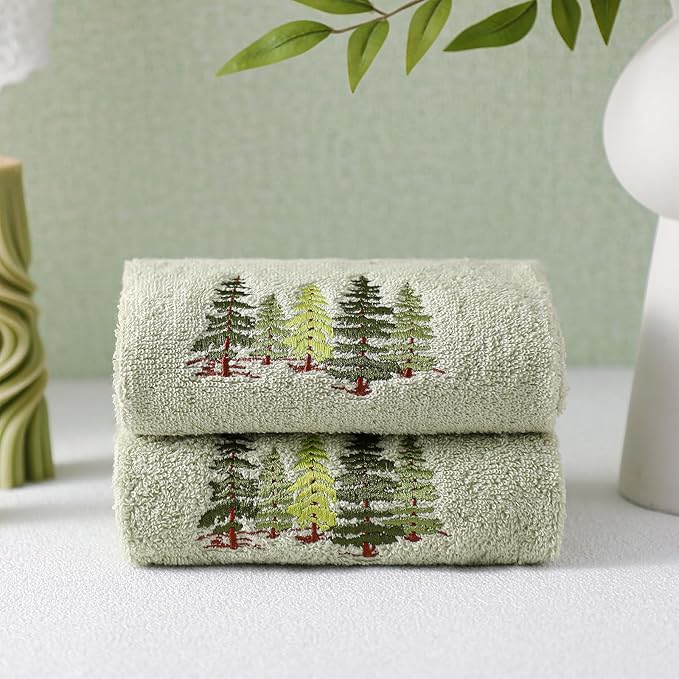 2 Pcs Forest Hand Towels Gray Green Bathroom Decor 14x29 Inch Embroidered 100% - Image 6