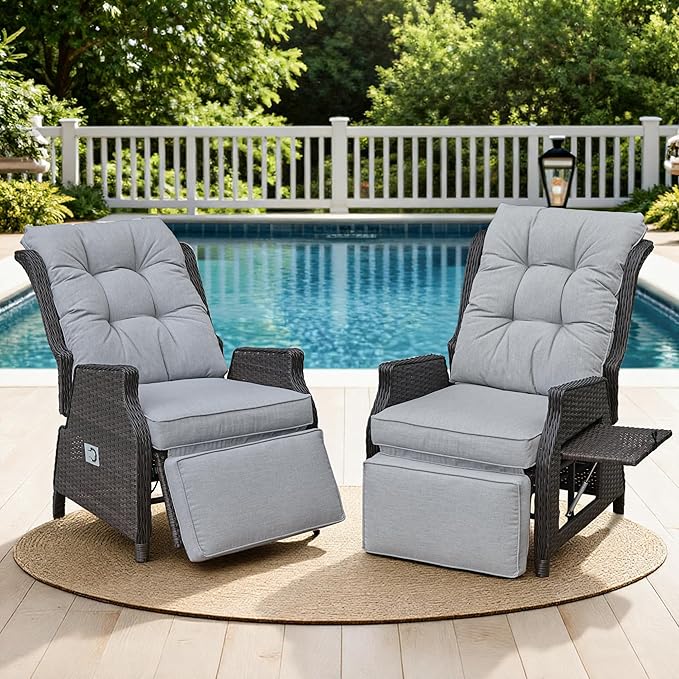 Outdoor Indoor Wicker Recliner with Adjustable Back and Footrest, Patio Reclining Chair with Flip-up Table, Outdoor Rattan Lounge Chair, Light Grey 2PCS by COMLAXFIELD