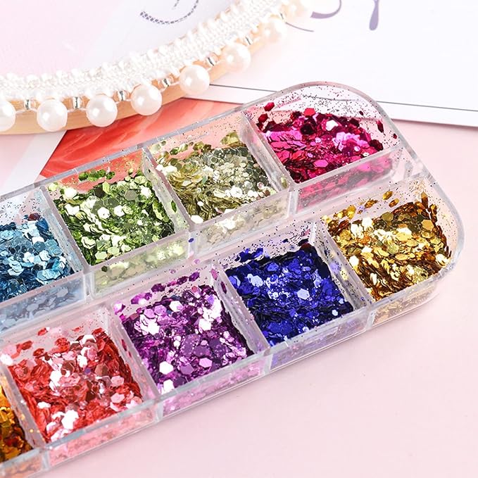 Mermaid Glitter Nail Art Sequins, 12 Colors Hexagon Shape Glitter Flakes Design - Image 3