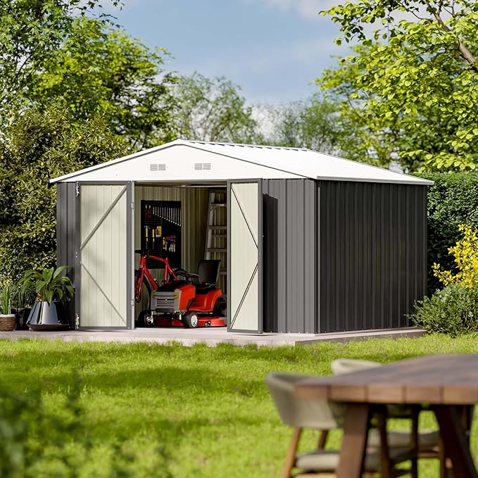 Patiowell 10 x 8 FT Outdoor Storage Shed, Large Garden Tool Metal Shed with Sloping Roof and Double Lockable Door, Outdoor Shed for Backyard Garden Patio Lawn,Grey - Image 2