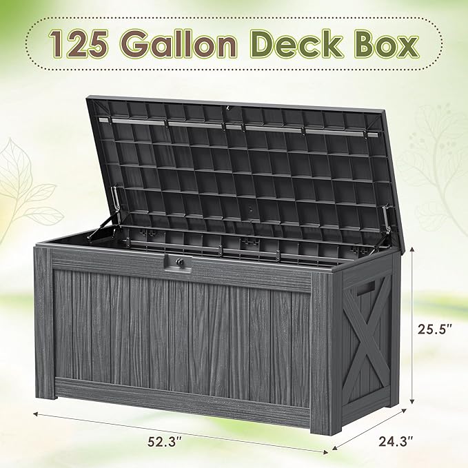 Devoko 125 Gallon Outdoor Storage Box, Waterproof Resin Deck Box for Patio Furniture, Lockable Container for Garden Cushions & Pool Supplies (Gray, 125 Gallon) - Image 7