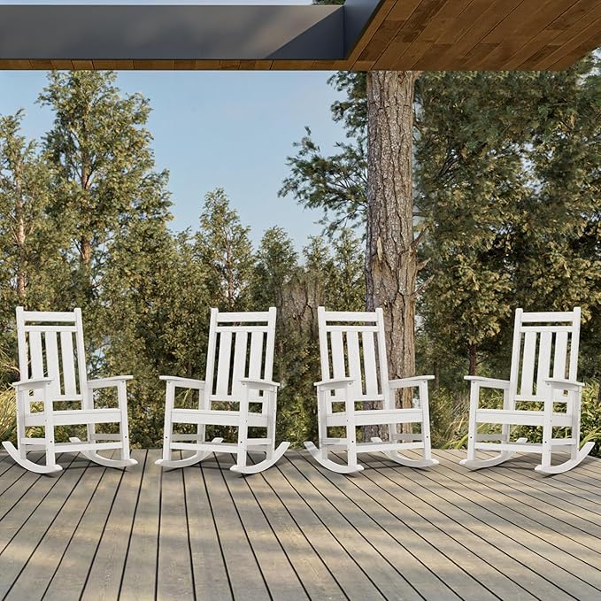 KINGYES Oversized Outdoor Rocking Chair Set of 4, All-Weather Patio Rocking Chairs for Porch, HDPE Outdoor Patio Rockers with High Back & Wide Seat for Garden, Lawn, White - Image 2
