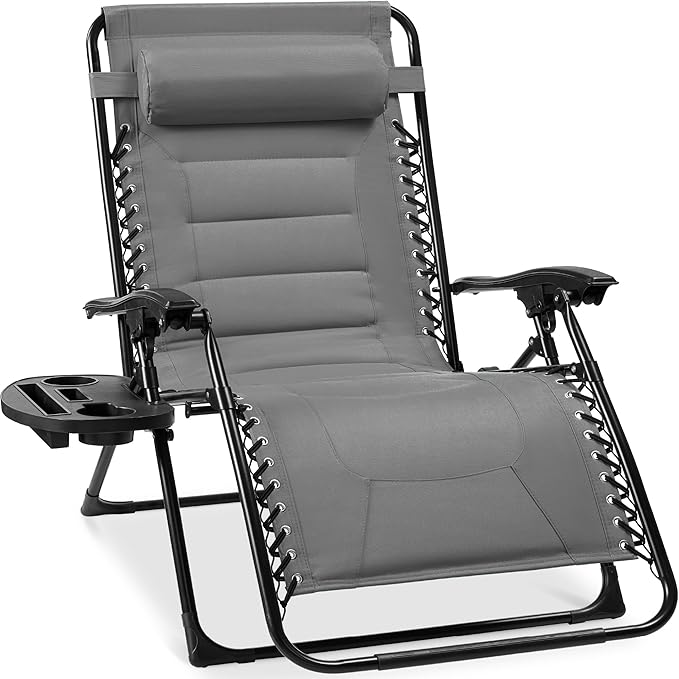 Best Choice Products Oversized Padded Zero Gravity Chair, Folding Outdoor Patio Recliner, XL Anti Gravity Lounger for Backyard w/Headrest, Cup Holder, Side Tray, Polyester Mesh - Ice Gray by BestChoiceProducts
