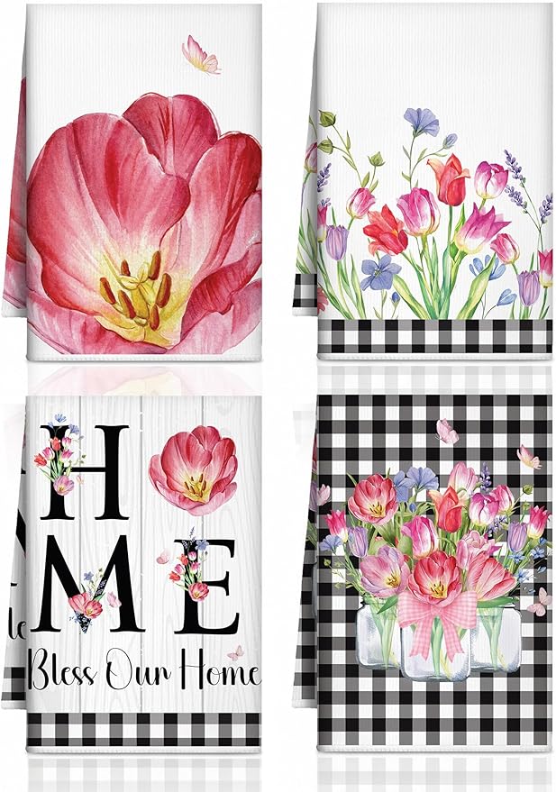 Bencailor 4 Pcs Spring Tulip Kitchen Towels Floral Flower Hand Dish Towels Pink by Bencailor