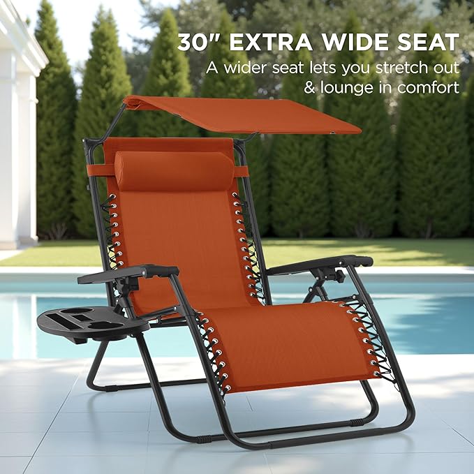 Best Choice Products 30” Wide Folding Zero Gravity Outdoor Recliner Patio Lounge Chair w/Adjustable Canopy Shade, Headrest, Side Accessory Tray - Burnt Orange - Image 3