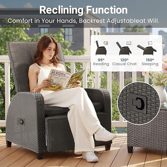Green4ever Outdoor Patio Recliner with Independently Adjustable Backrest and Footrest, All-Weather Wicker Patio Chair, 160° Lay Flat Patio Reclining Lounge Chair for Backyard Garden, Grey - Image 3