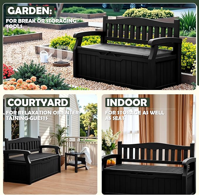 Flamaker 80 Gallon Storage Bench Outdoor Indoor, Durable All-Weather Seating with Hidden Storage, Lockable Deck Box for Garden, Patio, Poolside (Black) - Image 4