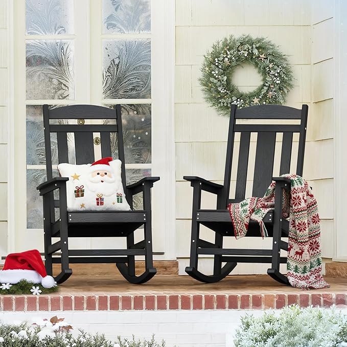 LUE BONA Outdoor Rocking Chairs Set of 2, Weather Resistant Poly Plastic Rocker, 350lb Heavy Duty, Oversized Porch Rocker for Adult, High Back Smooth for Outdoor & Indoor, Black by LUEBONA